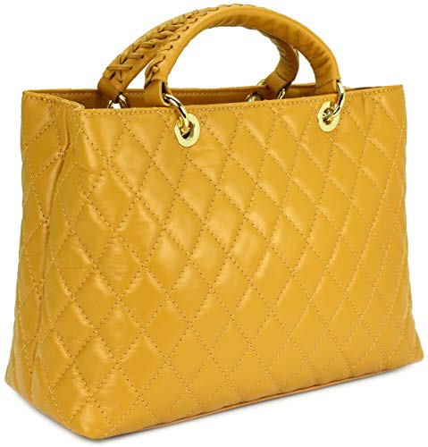 Belli edle italienische Echt Nappa Leder Damentasche Henkeltasche Umhängetasche gesteppt in gelb - 34x25x17 cm (B x H x T)