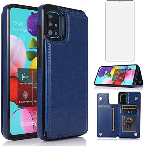 Asuwish Étui portefeuille pour Samsung Galaxy A51 4G avec film protecteur d'écran en verre trempé et porte-cartes pour Glaxay A 51 Gaxaly M40S 51A A515F S51 Bleu