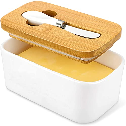 OAMCEG Butter Dish with Lids - OAMCEG Porcelain Ceramic Container, Large Keeper with Wooden Lid and Steel Knife, Airtight Butter Storage Container with Cover Holds Up to 2 Pieces