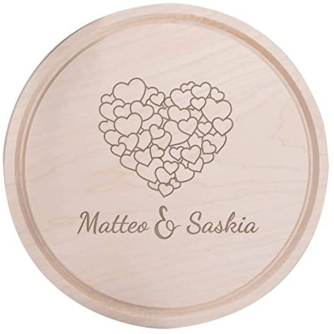 Deitert Frühstücksbrettchen mit Name oder Wunschtext graviert -Holzbrett Geschenk für Valentinstag, Hochzeit, Geburtstag für Frauen/Männer - Schneidebrett Holz Rund, 24 cm Ø, Herz aus Herzen Gravur