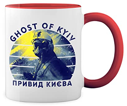Retro Ghost of Kyiv Plane ace pilot призрак киева Weiße Tasse Mug mit roten Felgen und Griff
