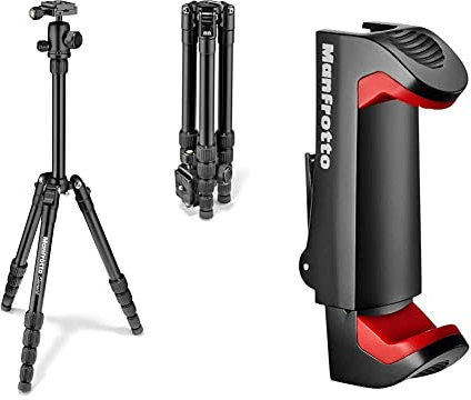 Manfrotto MKELES5BK-BH, Element Small Traveller Tripod with Aluminium Ball Head, Telescopic Column, Payload 6 kg, for CSC, DSLR, Mirrorless, Black & MCPIXI Universal Smartphone Clamp, Pro Version