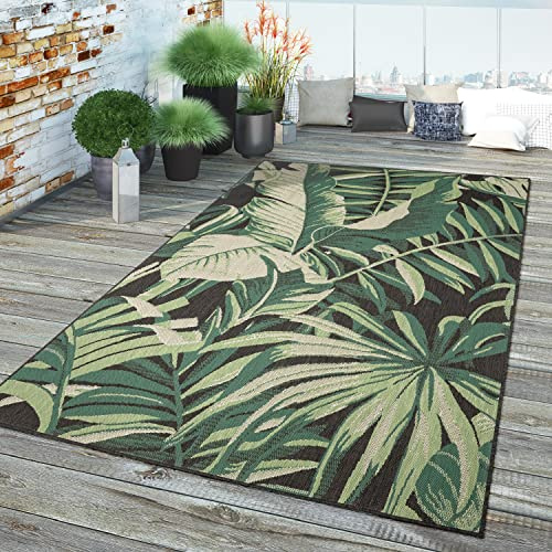 TT Home In-& Outdoor Teppich Wetterfest Balkon Küche Wohnzimmer Palmen Muster Modern, Farbe:Grün Schwarz 2, Größe:120x170 cm