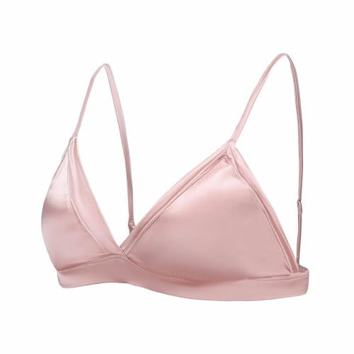 SilRiver Soutien-gorge triangle en satin de soie pour femme avec coussinet amovible et culotte en satin de soie, rose, Taille L