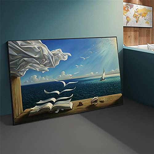 Zhaoyang Art Salvador Dali The Waves Book Segelboot Ölgemälde auf Leinwand Wandkunst Bilder Dekor Schwarzer Rahmen Drucke für Wanddekoration 60x95cm/24x38in Schwarzer Rahmen