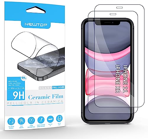 N NEWTOP Protector de pantalla de cerámica compatible con iPhone 11 - XR, brillo completo GLUE Glass 0,24 mm 9D Cristal protector de pantalla templado anti golpes marco negro arañazos completa