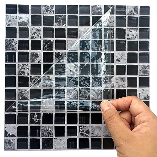 MOMOTOU Lot de 10 carreaux de mosaïque autocollants 3D imperméables ignifuges pour salle de bain et cuisine Noir 15 x 15 cm