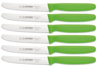 Giesser Messer - Made in Germany - 6er Set Brötchenmesser Tomatenmesser Küchenmesser Allzweckmesser Universalmesser Gemüsemesser 3mm Wellenschliff Klingenlänge 11cm Hellgrün