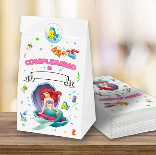 25 Sacchetti di carta Regalo compleanno fine festa bambini + 25 adesivi chiudibusta, Sacchetti di Carta per alimenti - Sacchettini Compleanno per confezione Regalini fine festa Sirenetta