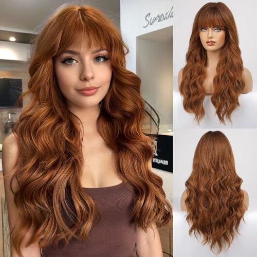 HAIRCUBE Lange Locken/Welle mit Pony Perücken für Frauen Natur Hitzebeständige Kunstfaser Perücken mit Pony Täglich Cosplay(Auburn)