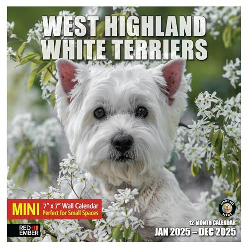 RED EMBER West Highland White Terrier Mini 2025 Wandkalender 12 Monate | 17,8 x 35,6 cm offen | dickes & stabiles Papier | Geschenk | Kalender 2025