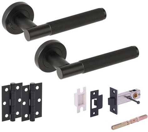 Hunta HANDLEZONE® Evo Grip Knurled Privacy Door Handle Pack, Complete with Lever Handles, 76mm Latch, 75mm Ball Bearing Hinges - Black Matt