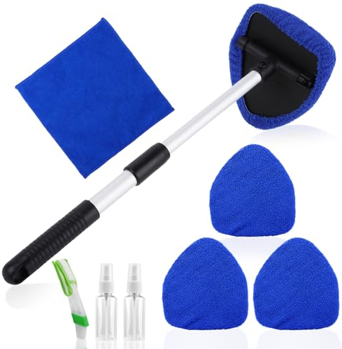 PBUSPU Kit Pulizia Auto, Pulizia Auto Estensibile con 180° Maniglia Girevole Pulitore per Parabrezza Auto con Manico Estensibile,con 3 Asciugamano Microfibra 1 straccio 2 Bottiglie Spray 1 Pennello