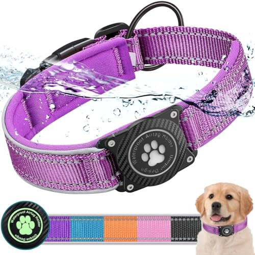 Ytanest Leuchtend AirTag Hundehalsband Halter 100% Wasserdicht Reflektierend für Mittlere Große Hunde, Lila, M