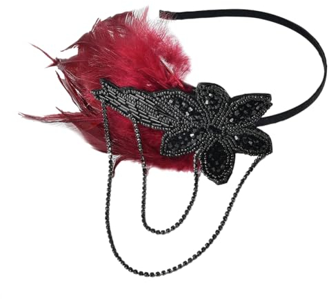 1920er Jahre Strass Flapper Stirnbänder Feder Perlen Kopfschmuck Brüllende 20er Jahre Haarbänder Art Deco Party Haarbänder Tolles Haarschmuck mit Kette Rot Schwarz