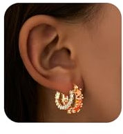Mesovor Goldene Doppel Creolen Ohrringe für Damen, 14K Vergoldete Farbige Zirkonia Creolen Ohrringe, Gold Earrings, Schmuck Geschenke (Orange)