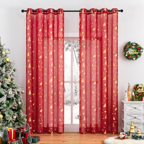 Softalker Weihnachtsgardinen mit ösen Gardinen Extra Breite 140 cm Vorhang Weihnachten Rot Modern Transparent Vorhänge Leinenoptik Gardine 225 cm Lang für Gardinenstange Deko Wohnzimmer Schlafzimmer