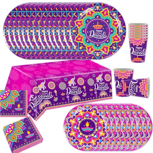 Happy Diwali Party Tableware Sets,Happy Diwali Day Party Supplies Paper Plates and Napkins Set Includes Paper Plates Napkins Paper Cups Tablecover for Diwali Indian Deepavali Hindu Style