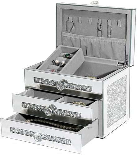 joyshiny Verspiegelte Schmuckschatulle für Damen und Mädchen, 3-lagig, 2 Schubladen, Glas-Schmuck-Organizer-Box mit Deckel für Halsketten, Ringe, Ohrringe, silberfarbene zerkleinerte Diamanten