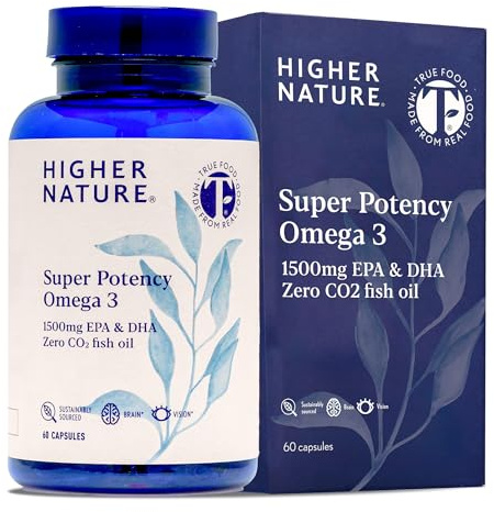 Higher Nature Super Potency Omega 3 - True Food® - 2000mg - 60 Capsules | High Strength Omega 3 Fish Oil With 1000mg EPA & 500mg DHA Per Serving, Supporting Eye, Brain & Heart Health