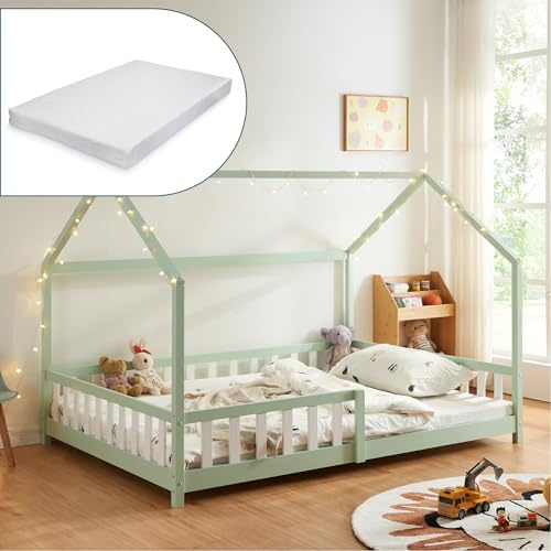 [en.casa] Kinderbett Hesel Hausbett mit Matratze 120 x 200 cm Mintgrün mit Rausfallschutz und Lattenrost Montessori Bodenbett Jugendbett Holzbett