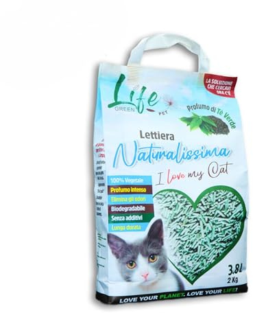 LifeGreen Naturalissima Katzenstreu, 2 kg, grüner Tee, mit Erbsenfaser und Maisstärke, pflanzlich, biologisch abbaubar, Agglomerant, 3,8 l, Geruchsentferner