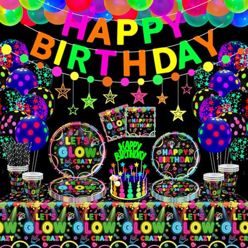 162 Pack Glow Party Tableware Set Glow Supplies Neon Birthday Decorations Including Plates Banner Balloons Napkins Tablecloths Neon in Dark Theme Party Supplies Serves 20