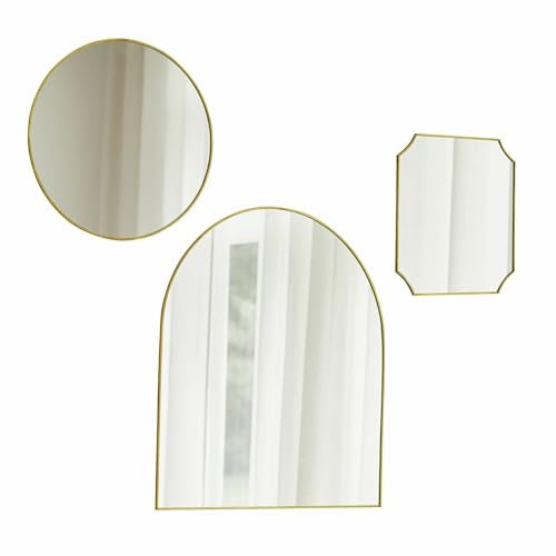 Loberon Spiegel 3er Set Zorilev, Verschiedene Formen, Filigraner Rahmen, Zartes Antik-Finish, Einzeln Kombinierbar, Wohn-Accessoires, Spiegelglas, Messing