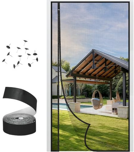 Mosquitera Puerta Magnética con Fibra de Vidrio, Apertura Lateral Mosquitera Imán Completo y Peso Inferior, Sin Taladro, Cortina Mosquitera para Puertas Exteriores/Balcón/Terraza (Negro, 80 x 200 cm)