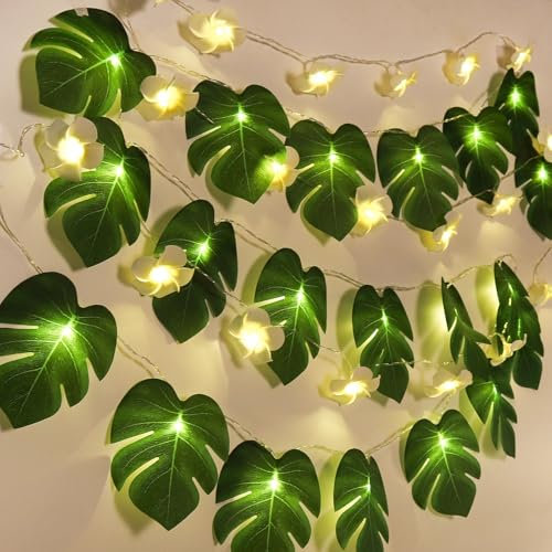 RECUTMS Monstera - Striscia di luci a forma di foglie di palma tropicali, in schiuma, con 40 LED, funzionamento a batteria, hawaiano, luau, spiaggia, feste, decorazioni estive per esterni e interni