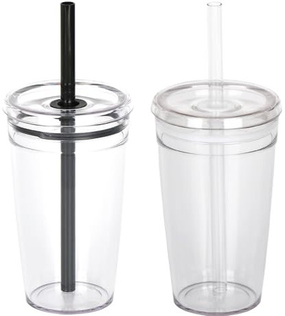 Yisituo 2 Pack 450ml Clear Plastic Iced Coffee Travel Cups, Reusable with Lids and Straws, for Cold Hot Beverages (2, Black, White)