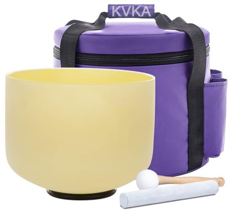 KVKA 432HZ 20cm Crystal Singing Bowls, 8 inch E note Light Yellow Frosted Quartz Sound Bowls for Sound Healing and Therapy Meditation with Travel Carry Case Bag