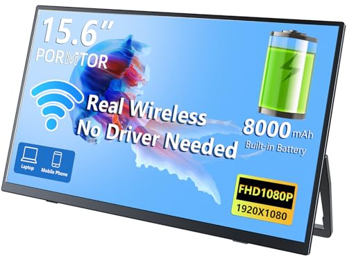 Pornitor - Portable Wireless Monitor with Battery, 15.6 Inch Wireless Laptop Monitor, FHD 1080P Travel Monitor for Laptop, Support AirPlay Miracast for Windows/Mac
