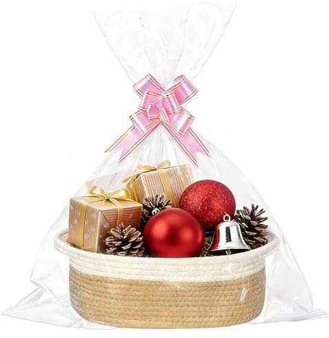 Geschenkkorb Leer, Geflochten Korb für Geschenke mit Geschenktüten und Bändern, Große Geflochten Korb für Geschenke mit Griff für Geburtstag, Hochzeit, Babyparty, Erntedank, Weihnachten (Khaki Weiß)