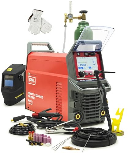 IDEAL Expert TIG 222 AC/DC WIG Schweißgerät XXL Set - Inkl. Automatik-Helm A20, Gaslinsen-Kit, Magnet-Halter, Argon Flasche & Zubehör - 200A Aluminium Inverter, PFC, Puls, LCD - Premium Paket