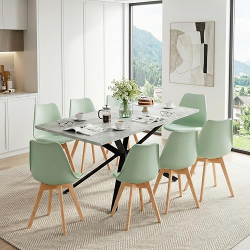 FURNITABLE Rechteckig Esstisch Ausziehbar mit 8 Stühlen Essgruppen, Küchentisch aus MDF(Graue) und Esszimmerstühle für Küche,Esszimmer,Wohnzimmer, Büro,120-160cm(Tisch+8 Eiscreme Grün Stühle)