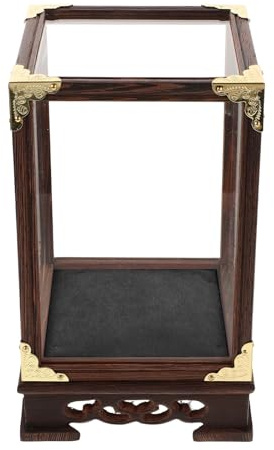 YARNOW Vitrine D’Exposition Transparente en Verre Base Noire et Coins en Bois D’Aile de Poulet, Boîte de Présentation Anti-poussière 12x12x17 Cm, Support pour Statues, Figurines et