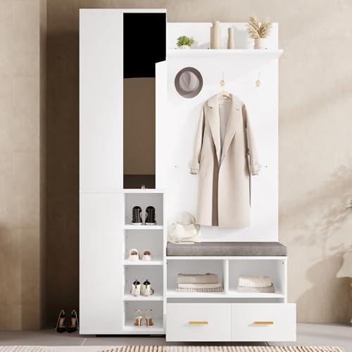 Vestiaire d'Entrée Multifonctionnel avec Miroir Banc et Placard, Meuble Porte-Manteau et Chaussures, 3 Crochets, Rangement Chaussures Réglable, Gain de Place, Couloir, Chambre (Blanc, 120x35x190cm)