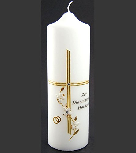 Kerze zur DIAMANTENEN HOCHZEIT 220 x 70 mm mit KREUZ WACHSVERZIERUNG und RINGEN FESTKERZE für 60 JAHRE EHE JUBILÄUM von MaMeMi