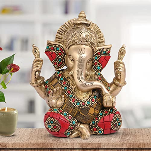 ARTVARKO Messing Lord Ganesha Messingstatue Gott Ganesh Bhagwan Ganpati sitzendes Idol Skulptur Home Decor Murti 14 cm - Mehrfarbig, MODCLRTAJGAN11A