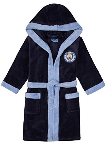 MANCHESTER CITY Boys Dressing Gown Robe Hooded Fleece Kids Official Football