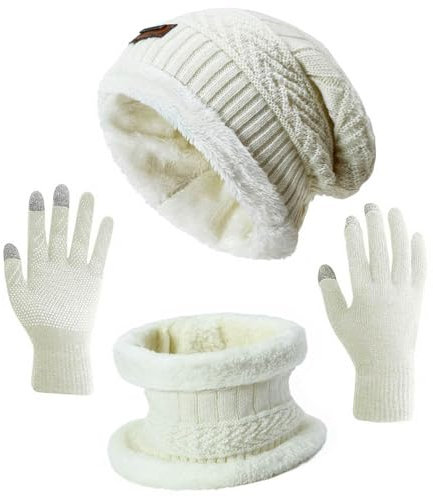 HINDAWI Wintermütze, Schal, Handschuhe, Slouchy Snow Knit Skull Cap Infinity Scarves Touch Screen Fäustlinge für Frauen, dunkelgrau, Einheitsgröße