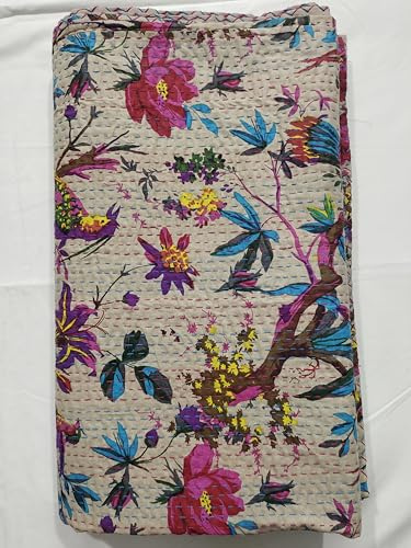 Sophia Art Indische böhmische Bettwäsche, Vintage, ethnische Baumwolle, Vogel, Kantha, Steppdecke, Tagesdecke, Patchwork, Steppdecke, Queen-Size-Größe, Beige