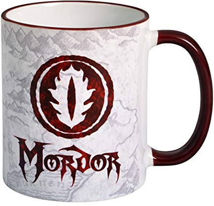 Elbenwald Herr der Ringe Tasse Mordor mit Wappen und Mittelerde Karte Rundumdruck Keramik 320 ml weiß
