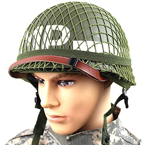 WLXW Perfekte WW2 US Army M1 Green Helm Replik Mit Netz/Leinwand Kinnriemen DIY Gemälde, Geeignet Für Airsoft Paintball CS Cosplay Halloween Party