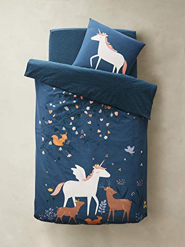 Vertbaudet Bettwäsche-Set für Kinder,Märchenwald Petrol Einhorn REH 140X200 - Kissen 63X63
