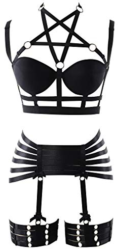 Strumpfband für Frauen Ganzkörpergurt BH Dessous Brustgurt Set Punk Gothic Stretch Stoff Festival Rave