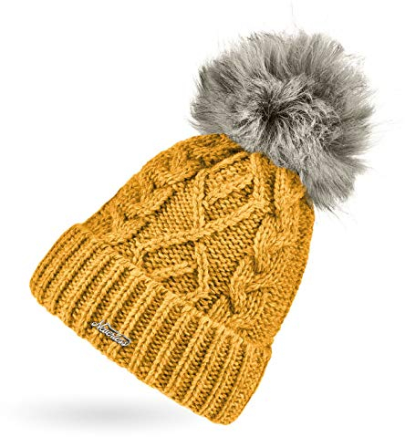 Neverless® Damen Strick-Mütze mit Innenfutter Fleece Fell-Bommel Kunstfell Bommelmütze Zopfstrickmuster Umschlag senfgelb