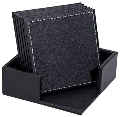 Dessous de Verre Carré sous-Verre en Cuir PU Coaster Noir Tapis de Table avec Support pour Café Thé Bière Boissons 6 Pièces