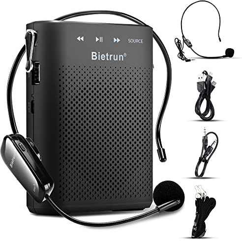 Bietrun Amplificateur de voix pour enseignants avec Bluetooth, amplificateur de voix sans fil portable rechargeable avec casque, microphone, haut-parleur mégaphone portable pour enseignement,